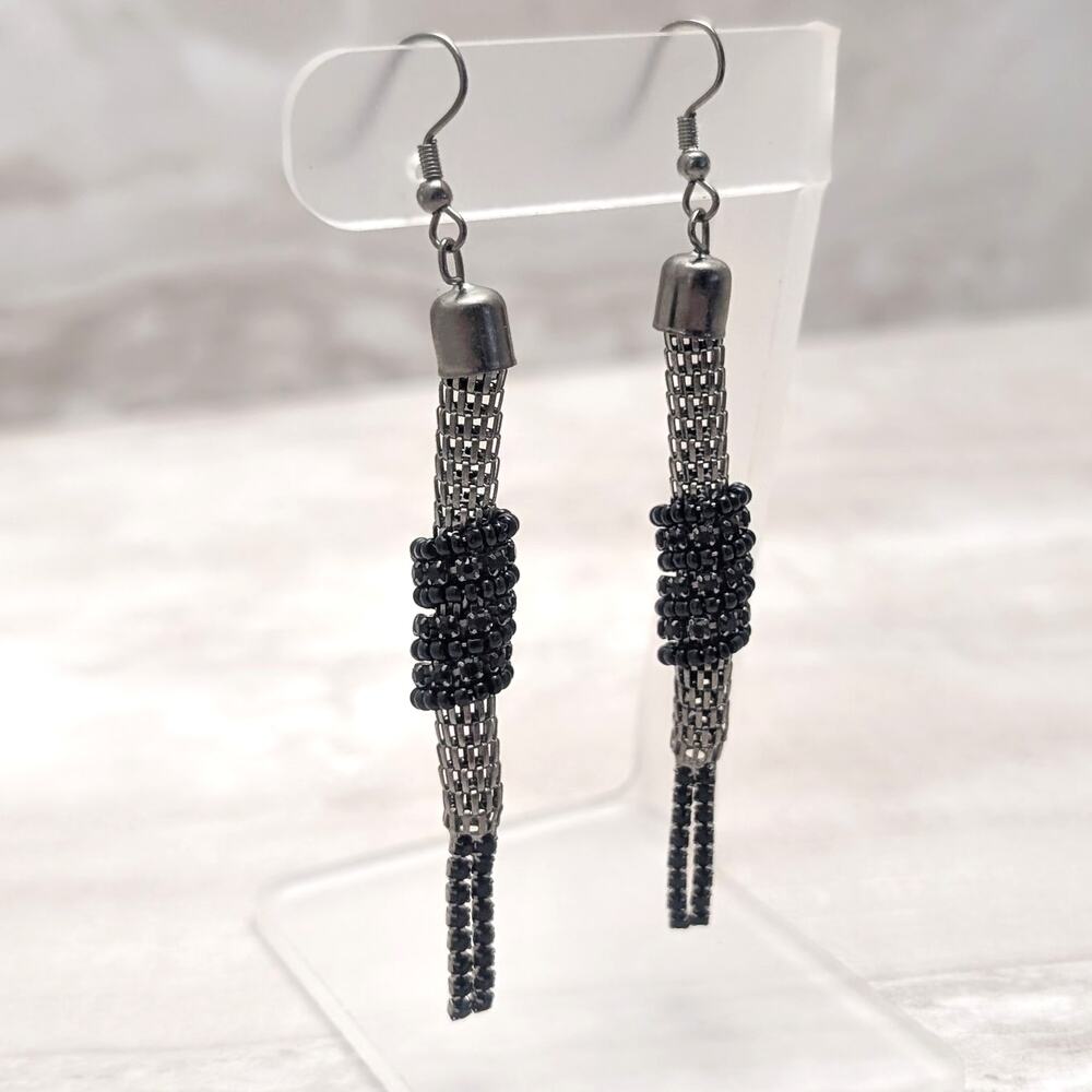 Vintage Hook Dangle Drop Earrings Very Long Dark Metal Tones Unusual Statement